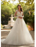 Long Sleeves Beaded Ivory Lace Tulle Illusion Back Wedding Dress